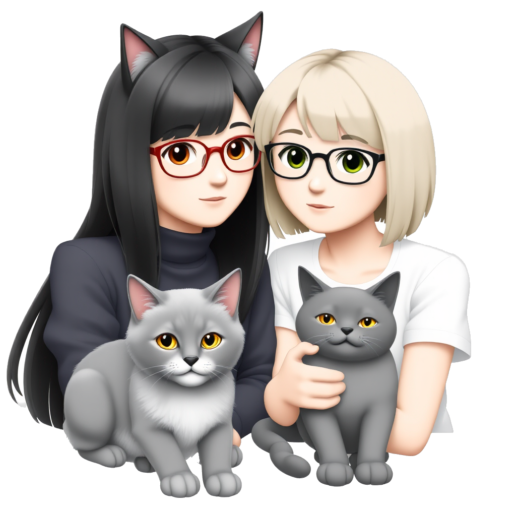 Two girls one of them is masc with a short hair it’s light brown and the other fem have a long light black hair colour and they both wear glasses have a gray cat