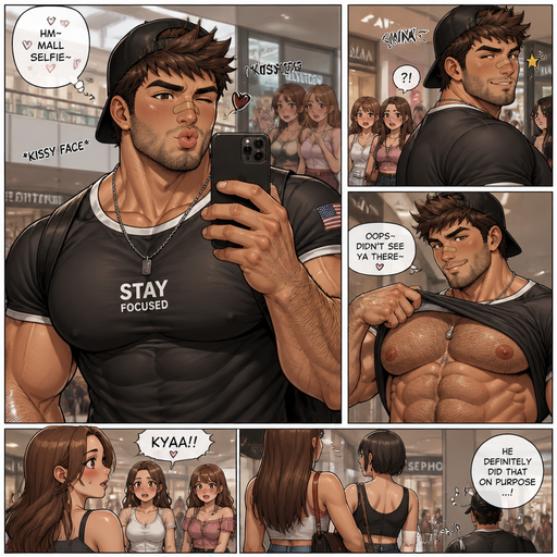 A REALISTIC AND LIFELIKE Comic book Story of a Bulky but Muscular ANIME Cute Bara Man With Peach toned skin Who looks Normal and a huge and Masculine round facial Structure and Basic facial structure With Puffy and Big Pecs that are visible through the shirt and Biceps and Bandaid on his nose and Brown Spiky hair and His Hair Curls At the tip of strands. Wearing a nice clothing and has a Hairy MANLY body and Small stubble beard. baseball hat bacwards. At the mall and they take a Picture In the mirror making Kissy faces. And He winks at the girls behind him and lifts his shirt when girls walk by him