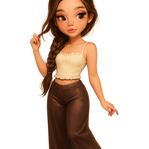 semi-realistic soft cartoon luxury glam, mini plush Bratz-doll aesthetic, cinematic glow, crisp clean detail, glossy glam skin. brown eyed skinny Petite girl, fair skin with soft freckles, wide face with tall forehead, honey-brown almond wide-set upturned eyes, fluttery lashes, shimmer highlight, plush lips, bottom heavy lip, sweet Belle-princess vibe, long straight brunette hair with visible blonde highlights, softly defined feminine body, soft hourglass shape with full round bust, soft cream cropped lettuce trimmed corset top paired with low-rise chocolate silk wide-leg trousers, and warm rose pointed heels. hair in glossy fishtail braid with tendrils framing face, peachy-pink blush with shimmer highlight, glossy nude-rose lips, mauve almond nails, gentle side-glance twirling a strand of hair. full body showing. Cozy romantic glow, soft warm lighting, pop-princess energy