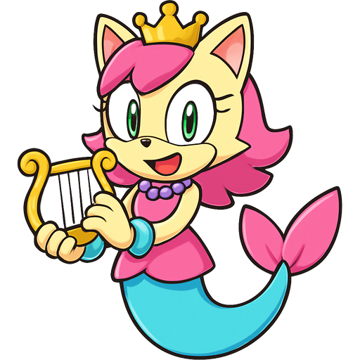 light yellow cat smiling with pink hair green eyes golden crown with light purple necklace light cyan braclets pink and blue dress with pink skirt attached to cyan mermaid tail with pink tail fins holding a golden harp sonic x version
