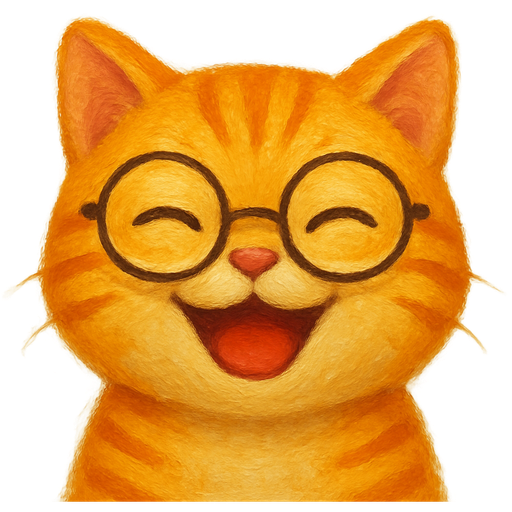 emoji-style orange tabby cat with stripes, wearing round glasses, centered, simple clean background, soft lighting, cute minimal design, expressive face showing смеется, high detail, smooth lines, vibrant colors