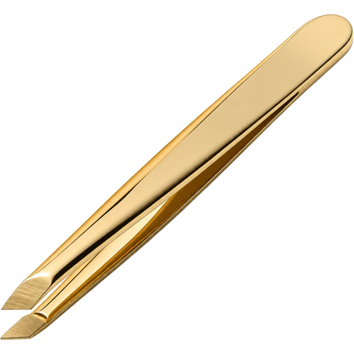 Ultra-realistic macro product shot of luxury gold eyebrow tweezers, precision slant tip, perfectly aligned edges, flawless polished metallic surface with highly reflective, mirror-like gold finish, realistic light reflections and specular highlights, subtle micro-scratches and natural imperfections in the metal for authenticity, elegant elongated form with smooth contours, high-end beauty tool aesthetic, crisp sharp focus, extreme detail, 8k resolution, professional studio lighting with soft diffused highlights and controlled reflections, depth and dimensionality, photorealistic rendering, luxury cosmetic branding style, clean refined finish, premium quality craftsmanship, cinematic lighting, ultra-detailed textures, realistic metal behavior, sharp edges, balanced highlights and shadows