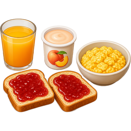Sur une planche mais un jus d’orange deux tartines à la confiture un yaourt à la pêche et un bol avec des œuf brouillés