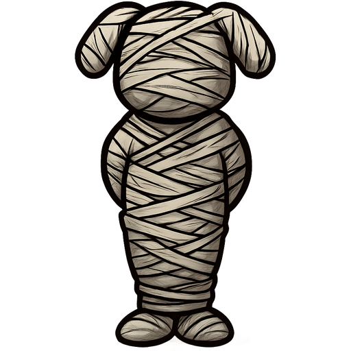 spider slik mummified cocooned dog shaped cocoon with no face arms behind back standing up legs tied together with spider slik completely covered with thin layer of spider slik wrappings completely covered with thin layer of spider slik wrappings