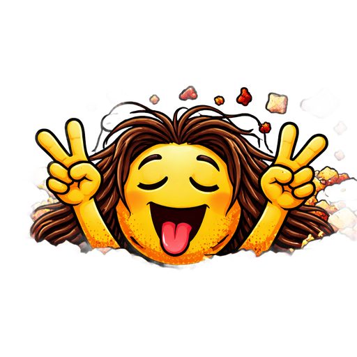 An emoji bloke with long unkept hair, drowning blissfully in a sea of diced potatoes, bacon bits, and sour cream