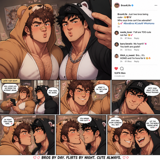 A REALISTIC AND LIFELIKE Comic Book long Story of a Bulky but Muscular ANIME Cute Bara Man With Peach toned skin Who looks Normal and a huge and Masculine round facial Structure and Basic facial structure With Puffy and Big Pecs that are visible through the shirt and Biceps and Bandaid on his nose and Brown Spiky hair and His Hair Curls At the tip of strands. Wearing a cute Animal onesies has a Hairy body. And has huge Hands and Massive arms and looks HOT with his friend (that looks like him but Black instead of brown hair and Has A Chain on and Baseball hate and is also Peachy skin). making kissy faces at the Camera and with His friend looking HOT AND IRRESISTABLE and flirt with Eachother as a joke and post it’s on social media say there cute