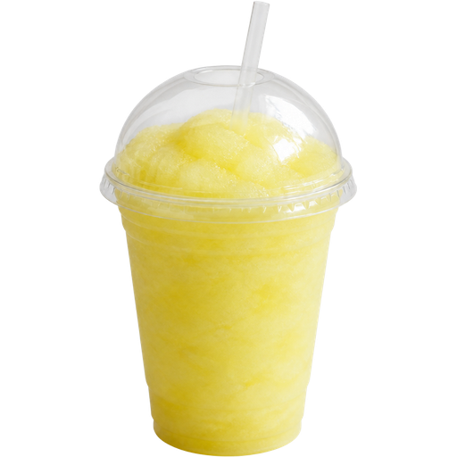 Frozen Lemonade Shaved Ice Slushie in a Plastic Cup and Plastic Dome Lid with a Straw Mixed in with Extra Syrup