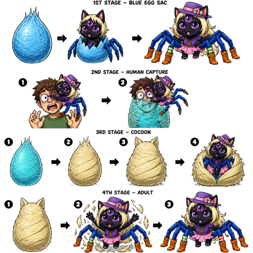 furry black cat anthro with five purple eyes light blonde hair purple and pink florist hat and purple florist outfit a spider's blue lower body with blue spider legs wearing green and white and red socks orange boots with buckles light pink skirt peace sign necklace hybrid metamorphosis 1st blue egg sac 1 spider cat comes out of blue egg sac 2nd stage spider cat 1 spider cat latching on human's face 2 spider cat wrapping up the human with cyan webbing while latching on human's face 3rd stage cocoon 1 cyan cocoon starts turning into light blonde hair cocoon 2 light blonde hair cocoon starts to turning into cat furry form 4th stage adult 1 light blonde hair cocoon shaped like cat furry 2 furry black cat anthro with five purple eyes light blonde hair purple and pink florist hat and purple florist outfit a spider's blue lower body with blue spider legs wearing green and white and red socks orange boots with buckles light pink skirt peace sign necklace hybrid emerges out from its light blonde hair cocoon shaped like cat furry 3 furry black cat anthro with five purple eyes light blonde hair purple and pink florist hat and purple florist outfit a spider's blue lower body with blue spider legs wearing green and white and red socks orange boots with buckles light pink skirt peace sign necklace hybrid