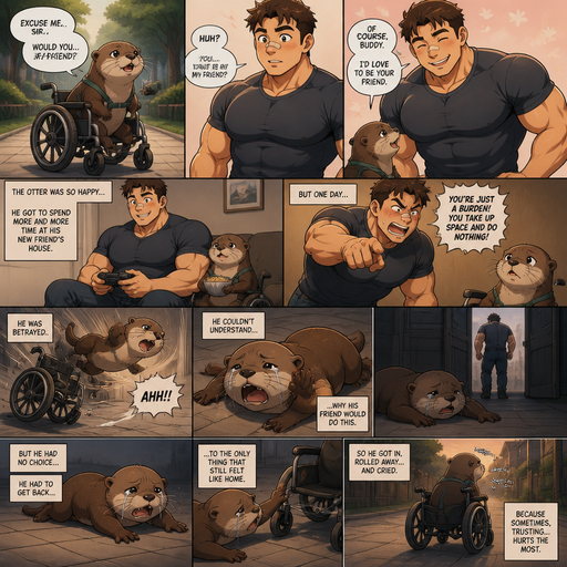A DETAILED AND LIFELIKE ANIME Comic Book story view of a Bulky but Muscular ANIME Cute Bara Man With Peach toned skin Who looks Normal aind round facial Structure and Basic facial structure With Puffy and Big Pecs that are visible through the shirt and Biceps and Bandaid on his nose and Brown short hair. Wearing normal clothes. An otter goes to him in a dog wheel chair and asks to be his Friend and He accepts but then the otter goes to his house and is Betrayed. And the otter flys out of the Wheel chair and Lays there Crying. And Crawls with his hands to his wheel chair and Gets in a rolls away Crying
