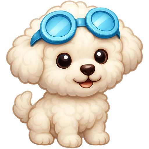a white curly haired cute fuzzy puppy with light blue googles on its head where you can see his whole body
