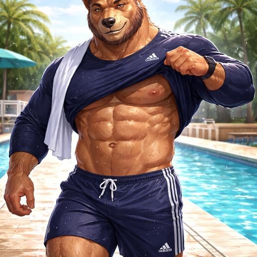 A Full Body Image of a Hunky and Chunky a Furry Bara Bear who is an Athlete and Muscular but not to muscular Masculine and Handsome and Ginormous Arms and a Rounded Pecs Short Strait Hair. Dressed in an Adidas Athletic Long Sleeved shirt and Shorts. Walking around the Pool Dripping with Water. Lifting his shirt
