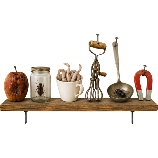 wooden shelf rotten apple bug in jar a cup full of frog legs eggbeater on nail a fly in a ladle on nail magnet on a nail