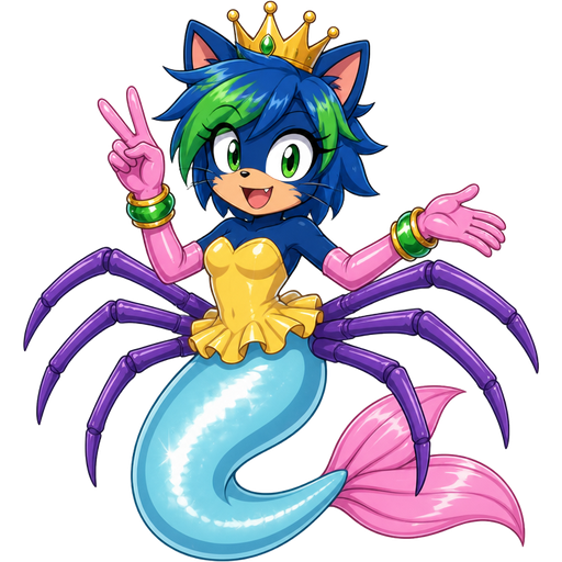 smiling dark blue boy cat furry with green and blue hair wearing golden crown green braclets attached to pink long rubber gloves yellow dress tucked in a light cyan mermaid tail with white highlights with pink tail fins with six purple spider legs (sonic x anime)