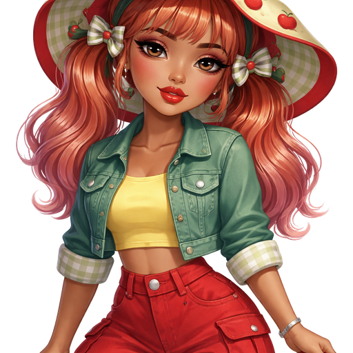 Apple Dumpling with a Medium-Tan Cool Honey Skin Tone With a Heart Lip Shape and a Babydoll Eyelash Set Up With a Purple-Red Lipstick Look and A Burgundy Eyeshadow with a S-Shaped Eyebrow and a Prominent Eye-shape and a Oblong Face Shape Wearing a Pale Yellow Brimmed Cloth Foldable Sun Hat with a Pattern of Printed Apples Surrounding the top of it With the Brim being Red and the inside of it being White and Green Plaid With a Soft Autumn Orange Hair and Pink Highlights in a Short Hair Style including Bangs Tied Up in Two Ponytails With the Bows being White and Green Stripes with an Apple in the Middle Wearing a Yellow T-Shirt With a Short Green Jean Jacket Wearing Red Pants With Two Pockets on Each Side with The Bottom of the pants being yellow and When it’s Rolled up it’s White and Green Plaid and the Shoes are Red Flats with a Mature Adult Curvy Toned Build and Luxury Glossy Wearing a Sterling Silver Bracelet
