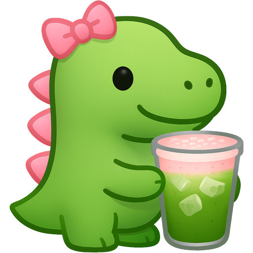 A Dino is holding a Matcha with strawberry cold foam with ice with salt on top the Dino has a light pink bow and its spine is light pink too