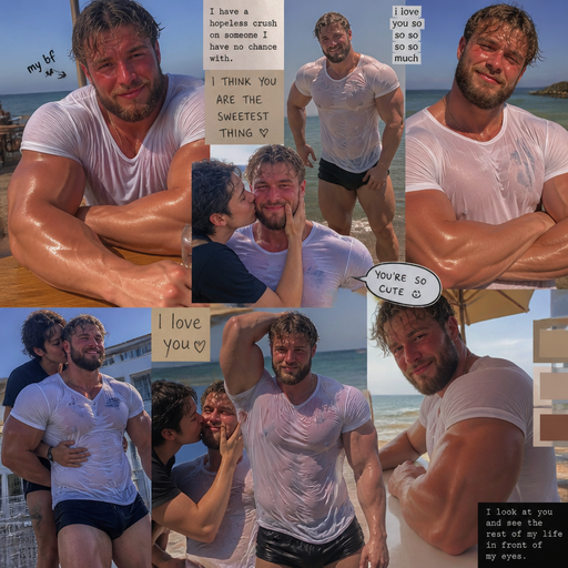 A Real life Full Body Image of a Dad with Dirty Blond hair and Brown Eyes with a Beard with Chunky Arms and Pecs with a Defined Stocky Body and And Grotesque Wrestling Body and a Tiny Waist but Broad Chest and Manly features that make girls crazy Blushing and With Sunburn under his Eyes. Wearing A swming Trunks and a white shirt that is Tight around the waist and Looks Huge in and His Muscles are too big. Leaning on a Table and Flexing his Triceps. And knows he’s attractive and Drenched in sweat at the beach. And his upper body is huge and his Biceps are bigger than a head. He subtly his chest and Looks cute with many pictures an you his boyfriend kissing him on the cheek and holding his ears saying how cute he is