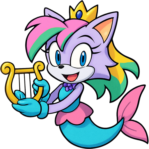 sonic x style version light purple anthro cat smiling with pink and green and yellow hair blue green eyes golden crown with light purple necklace light cyan braclets cyan and blue dress with pink skirt attached to long cyan mermaid tail with pink tail fins pink and cyan gloves holding a golden harp from sonic x style version emoji, artistic style