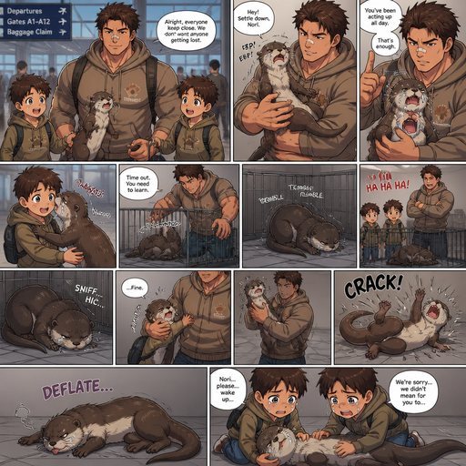 A DETAILED AND LIFELIKE ANIME Comic Book story view of a Bulky but Muscular ANIME Cute Bara Man With Peach toned skin Who looks Normal aind round facial Structure and Basic facial structure With Puffy and Big Pecs that are visible through the shirt and Biceps and Bandaid on his nose and Brown Fluffy and Strait hair. Wearing normal clothes and hoodie that matches his Family members so no one in the family got lost and With his pet Skinny and long otter and 2 little brothers. And they are at the airport and the otter squirms and in the Dad’d not big Brother’s lap and He disciplines the otter and it cries and Runs to one of the brothers for comfort, and it hugs the brother. And the big brother puts him in the pen and says time out. And the otter Trembles and Flys down to the floor in the pen and his head hurts and Cries. And the big brother laughs, and the otter Is sad and curls up in a ball and lays there. And the otter goes and Hugs his leg and he Picks up the otter, and then the flys at the floor and it crack and lays on his Side. And deflates and the otter and lays there and the brothers are to scared to help him. And then his brothers comfort him but he’s too weak to thank the