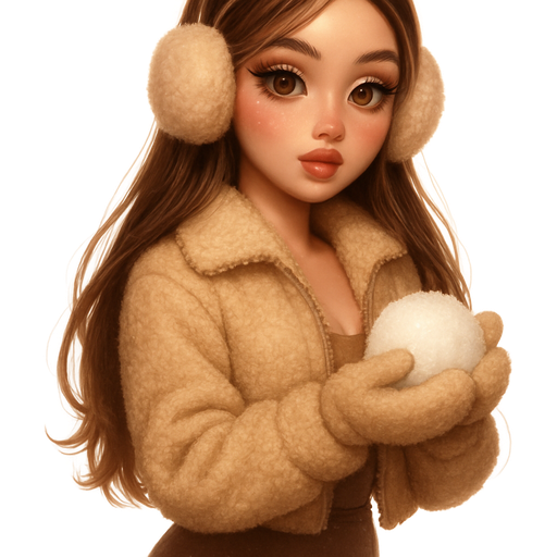 luxury glam-Bratz romantic aesthetic, warm cinematic glow, soft fairytale lighting, crisp clean detail, glossy doll-like skin, soft glowing blush, fluttery lashes, big honey brown almond eyes, plush lips, feminine delicate features, sweet princess vibe, soft glam makeup, gentle warm highlights in hair, dreamy whimsical softness, cozy romantic energy: petite soft feminine figure, soft-autumn tone, pale skin, soft freckles, round, full moderate bust, natural curves, soft natural body definition, straight long brunette hair with blonde highlights, beige sherpa jacket, mocha leggings, fuzzy earmuffs, posing with snowball cute but dramatic, pop-princess energy, shimmer highlight, sparkly glow