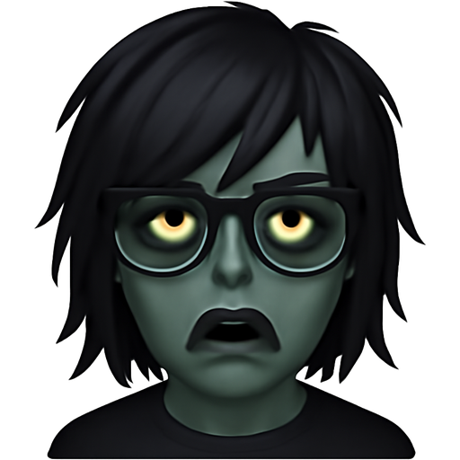masculine,girl,zombie, black hair, medium long, glasses, emo, shaggy, dark, spooky, creepy expression emoji