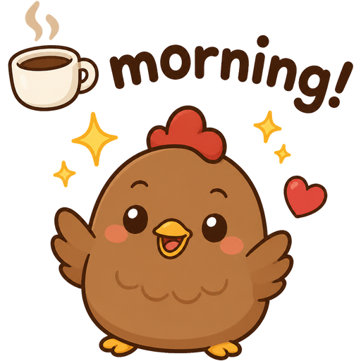 A brown chicken smiling, with words “morning!” with coffee above! sparkles above the chicken. a little red heart. mochi cat style