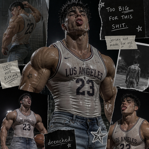 A Gigantically Bulky Guy with Big Arms and Big Chest. Wearing A Tight Basketball Jersey with Jeans and Spiked Hair. Drenched in Water sticking his Tongue out. Shut to small for his huge buff body