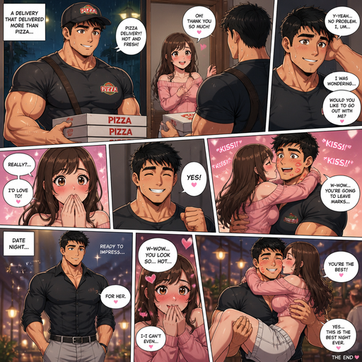 A Full page Anime Comic book story about of a Bulky Perfect Physique and Huge Biceps and Pecs ANIME CUTE Bara American 20 year old with a ROUND and BASIC facial structure and Young Adult BARA that is Peach Toned skin not anything else MALE not to detailed With bigger than average Pecs that are visible through the shirt and Chunky, beefy and Bulky Biceps and biceps. Wearing a Baggy Pizza Delivery that doesn’t make him look bigger and drenched in sweat and Short and Black fluffy hair and Strait with brown eyes and black eyebrows and with a slim waist not broad shoulders. With no Facial Hair. As Pizza delivery guy with HUGE Arms delivery to his crush and she says thank you and he says want to go out she says yes and jumps in his arms and he says yes. And she kisses him repeatedly on the cheek and leaves marks. And when he picks her up for the date he Wears a Hot and Dreamy nice clothes that makes her Blush