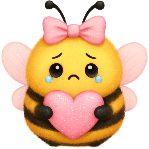 A girly and cute fuzzy chubby honey bee cute pastel pink ribbon on it’s head holding a pinky marshmallowy sparkly heart with this little cute sad face with little tears