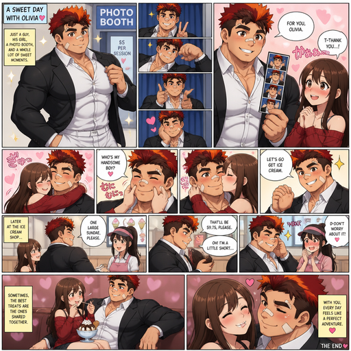 A Full page Anime Comic book story about of a masculine and Bulky ANIME Cute Bara Man American 20 year old with a ROUND and BASIC facial structure and TENAGE BARA CUTE MALE not to detailed With bigger than average Pecs that are visible through the shirt and Biceps and a big Bandaid on his nose and Left Cheek and Right Eye brow. Wearing a no piercings Black suit a White and Pants and Red Hair and Bright Orange Hair Tips and Strait is wearing Fluffy short Hair a brown eyes and black eyebrows. Taking Hot, Dreamy and Attractive Photos in a Photo Booth. And then gives them to Olivia and she Blush. And then hugs him and she spinchs his cheeks and says who’s my handsome Boy. She kisses him on the Cheek. He lovely and daringly grabs her hand and says let’s go get ice cream. At the Ice cream shop ordering at the counter and didn’t have enough and so he winked at the person at the cash register, and she blushed and said don’t worry about it. Then she eats the ice cream on his lap.