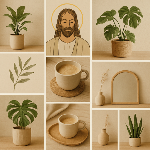 Plants and Jesus with mornings and very beige and modern and wood also coffee and a tiny hint of color