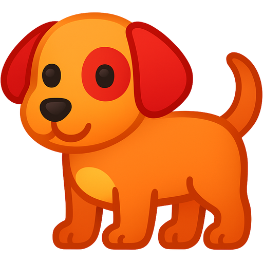 A dog with red and orange, a red spot on its eye, a yellow belly, orange skin, red ears, and black eyes and orange tail