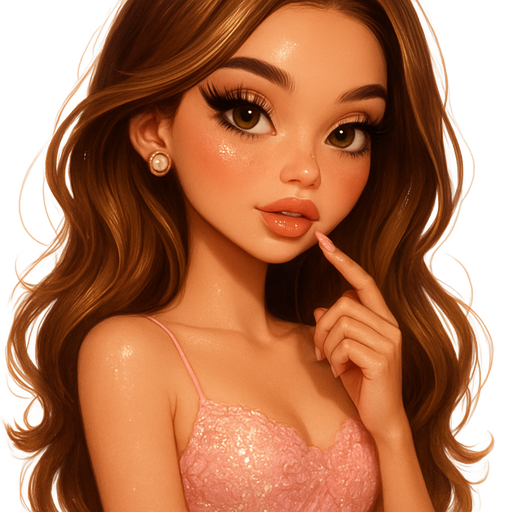 luxury glossy bratz-anime romantic aesthetic, warm cinematic glow, crisp clean detail, glossy glam skin. petite girl, warm soft-autumn tone, fair skin, honey-brown almond eyes, soft freckles, warm toasty glam makeup, glossy nude lips, flutter lashes, sweet Belle-princess vibe, long brunette honey balayage hair with visible light honey blonde highlights, Opal-pink lace mini, bouncy curls, iridescent shimmer, pearl earrings, lip gloss touch-up pose, pop-princess energy, shimmer highlight, sparkly glow