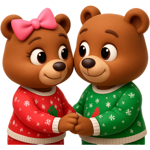 a brown bear with a pink bow and another brown bear looking at each other and holding hands looking in love with christmas pajamas on