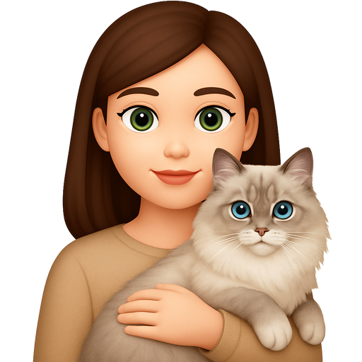 Pretty brown straight hair green eyed pale skin girl wearing a beige top holding a neva colored blue eyed Siberian cat