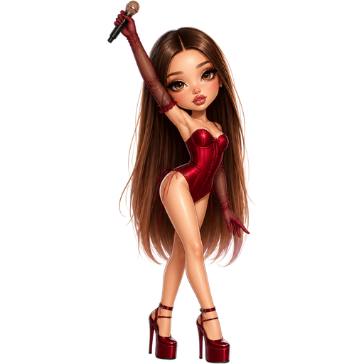 semi-realistic soft cartoon luxury glam, mini plush Bratz-doll aesthetic, cinematic glow, crisp clean detail, glossy glam skin. brown eyed Petite 5ft girl, fair skin with soft freckles, wide face with tall forehead, honey-brown almond wide-set upturned eyes, fluttery lashes, shimmer highlight, plush lips, bottom heavy lip, sweet Belle-princess vibe, long straight brunette hair with visible caramel highlights, wearing a red satin corset bodysuit with sheer gloves and tall platform heels, holding a microphone up dramatically while striking a bold diva pose