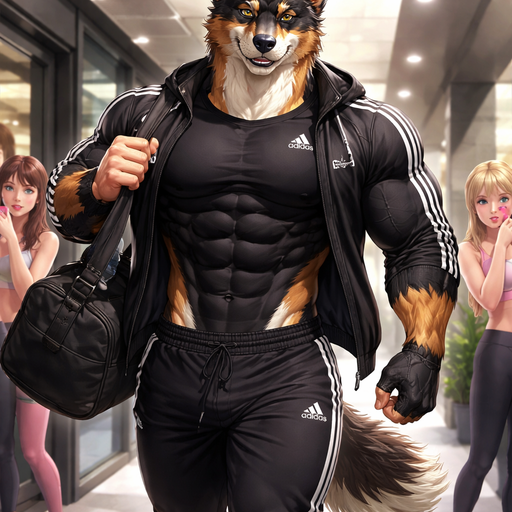 A Full Body and Facial Image of a Hunky and Chunky a Very Hot and Handsome German Shepard mixed with a Australian Shepard bara furry who is a Extremely muscular and Extremely Chiseled Body features Masculine and Handsome and Ginormous Arms and a Rounded Pecs very Short Strait Hair but tall and very lean. Wearing a Short Black Sleeved Adidas shirt and Adidas Jacket Over with tight Adidas Sweatpants Jogging Out of the Gym. Making Girls Blush