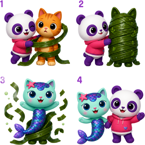 1 anthro cat getting wrapped up by pandy paws gabby dollhouse with seaweed seaweed cocoon shaped like anthro cat 3 mercat gabby dollhouse emerges from its seaweed cocoon shaped like anthro cat 4 mercat gabby dollhouse next to pandy paws gabby dollhouse