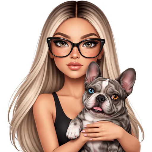 40 year old latina baddie with slim face and a slight bumpy nose round face cheek bones with dark freckles across her nose and almond shaped LIGHT GRAY colored eyes and lashes with fair skin with dark freckles across nose with a nose ring and very long straight icy blonde hair and dark roots parted in the middle and wearing large black glasses wearing a black tank top with a serious face and small hands with light pink color nails and holding a gray merle french bulldog that has one blue and one brown eye