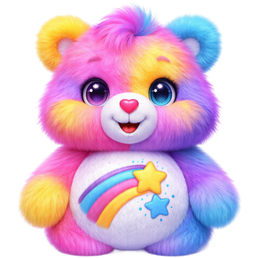 Dare to Care Vibrant Multi-Color fur Pink, Yellow, Purple and Blue Bear with one ear being yellow and the right ear being blue with two shooting stars one star being blue and pink, yellow and orange behind it and the other star is yellow followed by blue and light blue on its stomach with pink and blue tufts of hair