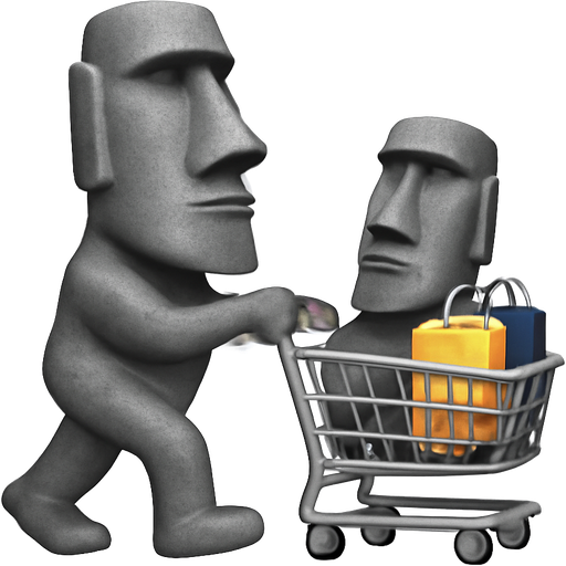 official Apple Moai stone statue emoji pushing shopping cart containing another Moai stone statue and shopping bags
