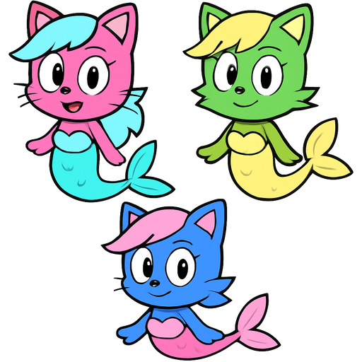 pink cat with light cyan hair a light cyan mermaid costume green cat with light yellow hair a light yellow mermaid costume blue cat with light pink hair a light pink mermaid costume sonic x version
