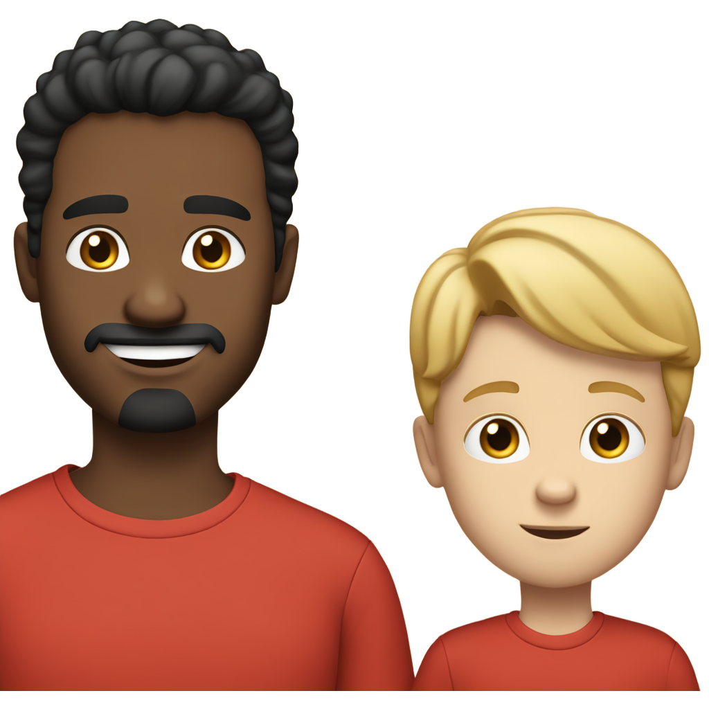 make a father and a son next to each other. both with black hair, the son in a red shirt and the father in a black shirt. they are WHITE SKIN people. they are close each other