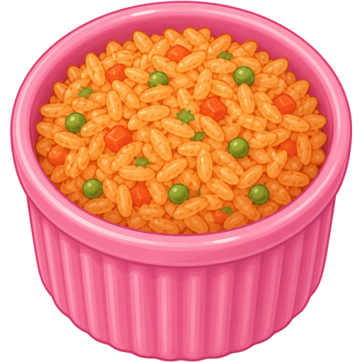 ghibli style | color #FF6EC7 ceramic ramekin | mexican rice inside ramekin | view: high-angle + front center + close-up
