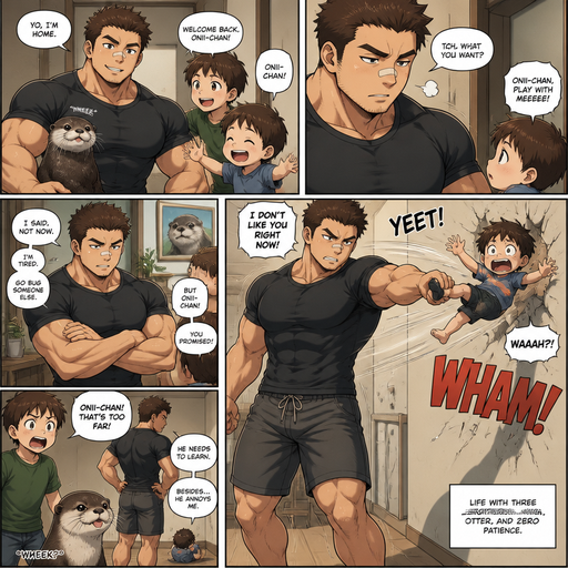 A DETAILED AND LIFELIKE ANIME Comic Book STORY of a Bulky but Muscular ANIME Cute Bara Man With Peach toned skin Who looks Normal aind round facial Structure and Basic facial structure With Puffy and Big Pecs that are visible through the shirt and Biceps and Bandaid on his nose and Brown short hair that makes them look tough. Wearing normal With his pet Grown and healthy realistic otter and 2 little brothers that are in different ages but young. And he doesn‘t like the youngest one and the youngest flys to the wall while he holds the youngests foot