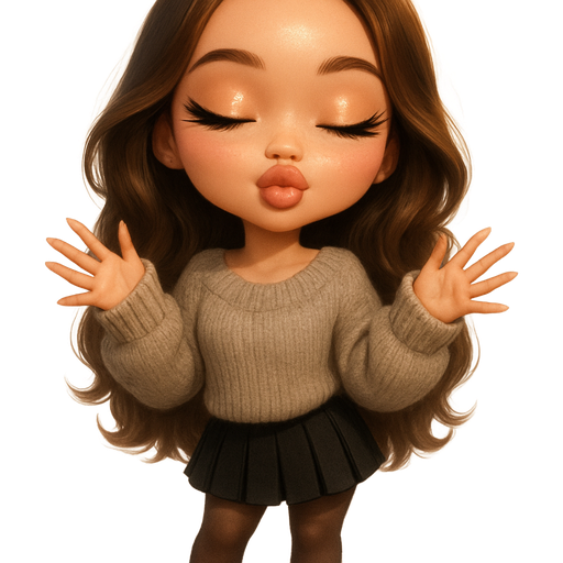 sleek cartoon luxury glam, mini plush Bratz-doll aesthetic, cinematic glow, crisp clean detail, glossy glam skin. brown eyed skinny Petite girl, fair skin with soft freckles, wide face with tall forehead, honey-brown almond wide-set upturned eyes, fluttery lashes, shimmer highlight, plush lips, bottom heavy lip, sweet Belle-princess vibe, medium-long brunette hair with visible caramel highlights, hair curled and wavy. softly defined feminine body, soft hourglass shape with full round bust, oversized greige knit sweater over black pleated mini skirt, black sheer tights with mini ugg platforms. peachy-pink blush with shimmer highlight, glossy nude-rose lips, sleek french almond nails. hands out excitingly pose, puckering and shut eyes. Cozy romantic glow, soft warm lighting, pop-princess energy