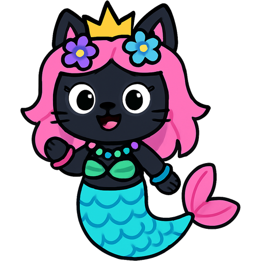 black cat with pink hair purple and blue flowers golden crown purple and green necklace pink and blue bracelets green swimsuit top long cyan and white mermaid tail with pink fins unikitty! style