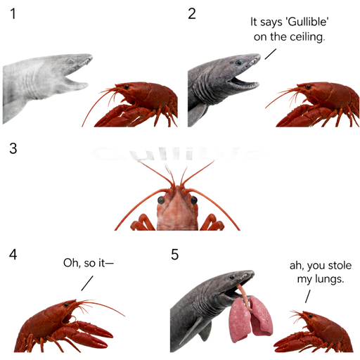 comic 1 frilled shark: Hey. 2 frilled shark: It says 'Gullible' on the ceiling. 3(lobster looks up. The ceiling clearly says 'Gullible') 4 lobster : Oh, so it— 5 frilled shark holding lungs lobster:ah, you stole my lungs.
