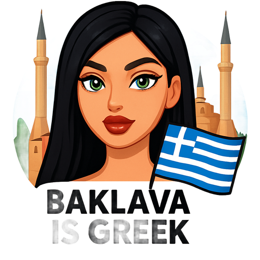 Make me brunette with green eyes black hair juicy glossy lips saying baklava is Greek in front of saint sophia in turkey holding Greek flag