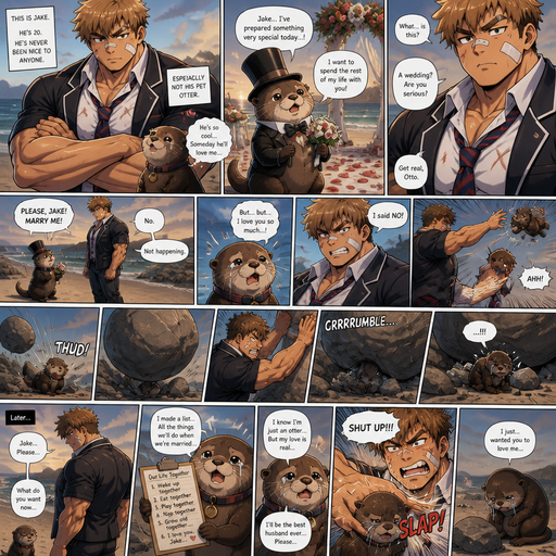 A Lifelike and Detailed Comic book story about of a Bulky and Beefy and every Muscle is bigger than average and less shredded or muscular with Chunky and Bulky chest and Biceps and his defined abs ANIME Cute Bara Man American 20 year old with a ROUND and BASIC facial structure and Young Adult BARA CUTE that is Peach Toned skin not anything else MALE not to detailed With bigger than average Pecs that are visible through the shirt and Biceps but slim and Athletic Lower body that makes have a V-Tapper Lower Body and a big Bandaid on his nose and Left Cheek and Right Eye brow with Scars all over his Chest and arms. Wearing a no piercings Wearing a baggy School Uniform and tie with Blazar and Pants and yellowish Brown Hair and Bright Light Brown fluffy Hair and Strait with brown eyes and black eyebrows with a Three finger Slash on his Eyebrow. With no Facial Hair.His Pet Otter that he excessively bullies that has a Collar and has a Huge Crush on him but he doesn’t like the otter back. And the otter one day dressed up re ly nice and with a top hat on creates a huge ceremony at the beach to marry him and he says no and the otter is throw at rock and a bolder falls and he pushes the rock down more and he looses. And then The otter calls him over and he goes to the otter and the otter says i still love you. And his hand flys across his face and the otter goes back and he the is silenced, and then the otter cries l. And the otter Tries to convince him and shows him the List the otter made for there life in marriage the more the otter talks the more he gets mad