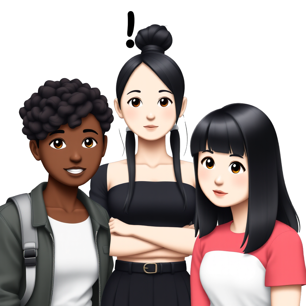 three girls in total: Black girl with curly black hair, Asian girl with long black hair, and Asian girl with short black hair